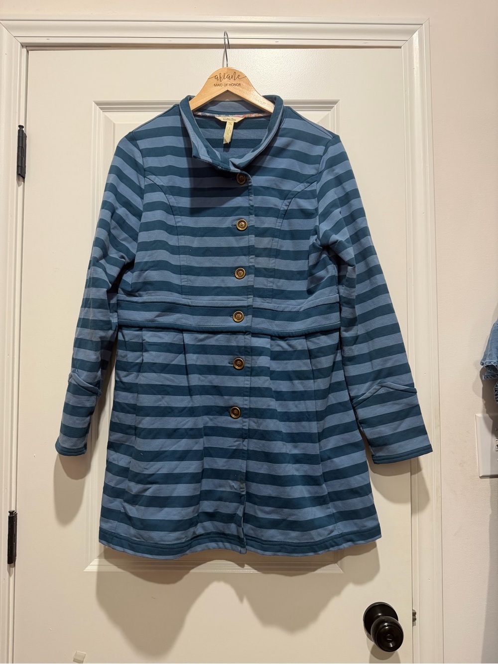 Matilda Jane Fall Breeze Blue Striped Coat Jacket Womens Size Medium Whimsical